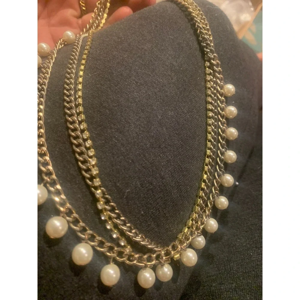 Gold Tone Multi Strand Faux Pearl Rhinestone Layered Chain Statement Necklace